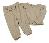 2set - Béžové vzorované úpletové triko s volánky + tepláky s mašlí Shein