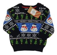 Nové - Tmavomodro-modrý vzorovaný svetr se stromky a sněhuláky Primark