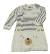 Světlebéžovo-tmavošedé pruhované svetrové šaty s medvědem Topomini
