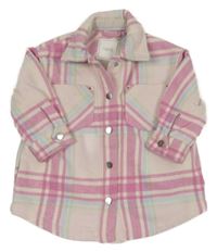 Růžovo-světlemodro-světlezelená kostkovaná vlněná košilová bunda Next