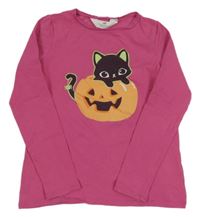 Růžové pyžamové triko s dýní a kočkou H&M