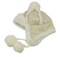 Světlebéžová semišová zateplená beranice s bambulí 