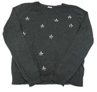 Tmavošedý lehký svetr s kamínky 