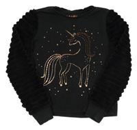 Černá crop mikina s jednorožcem a chlupatými rukávy F&F