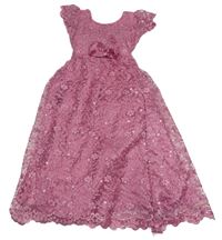 Růžové krajkové tylové slavnostní šaty s flitry a mašlí 