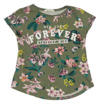 Khaki-barevné květované tričko s nápisem H&M