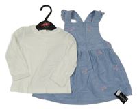 Nové - 2 set - bílé triko + modré manšestrové šaty s výšivkami dunnes