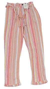 Růžovo-lila-bílé pruhované lehké kalhoty s páskem zn. M&S