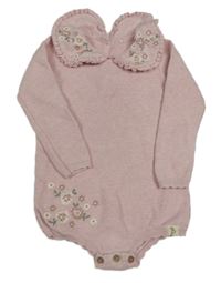 Růžový pletený kraťasový overal s výšivkami květů a límečkem zn. George