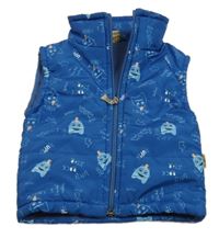 Modrá šusťáková zateplená vesta s nápisy a příšerkami 