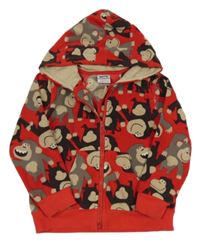 Červená propínací fleecová mikina s opičkami a kapucí 