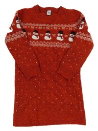 Červeno-bílé puntíkaté svetrové šaty se sněhuláky a norským vzorem Tu