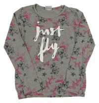 Šedo-růžové triko s motýlky a nápisem Yigga