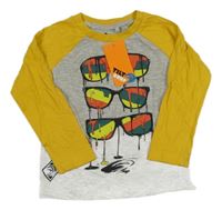 Nové - Šedo-hořčicové triko s brýlemi 