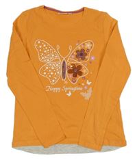 Oranžové triko s motýlkem a květy z flitrů Kids