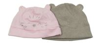 2set - Světlerůžová čepice s čumákem a oušky + béžová žebrovaná čepice 