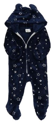 Tmavomodrá plyšová kombinéza s hvězdami a kapucí 