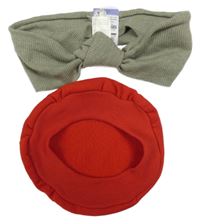 Nové - 2set - béžová žebrovaná čelenka + červený baret 