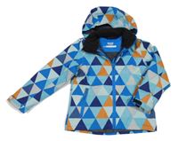 Modro-medová vzorovaná šusťáková lyžařská bunda s kapucí