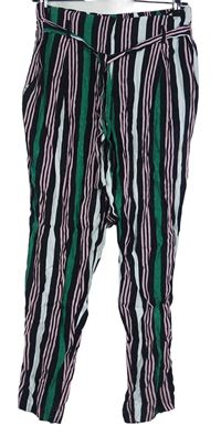 Dámské černo-zeleno-růžové pruhované volné kalhoty s páskem 