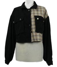 Dámská černo-béžová kostkovaná manšestrová košilová crop bunda Shein 