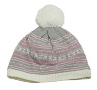 Šedo-růžovo-bílá vzorovaná čepice s bambulí 
