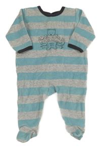 Modro-šedý pruhovaný sametový overal s medvědem Petit Bateau