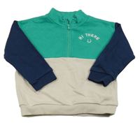 Zeleno-béžovo-tmavomodrá mikina s nápisem a smajlíkem M&S