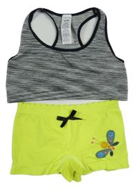2 set - šedo-bílo-černá melírovaná sportovní lambada + neonově žluté kalhotky s motýlem 