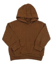 Hnědá žebrovaná mikina s kapsou a kapucí