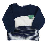 Tmavomodro-bílá pruhovaná mikina s dinosaurem 