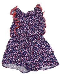 Tmavomodrý květovaný lehký kraťasový overal s volány Primark
