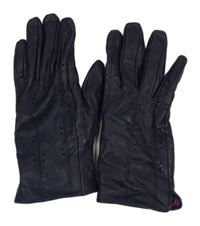 Tmavomodré koženkové podšité prstové rukavice s perforovaným vzorem