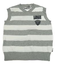 Šedo-bílá pruhovaná pletená vesta s nášivkami 