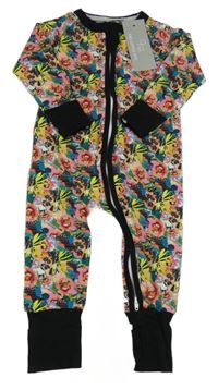 Nové - růžovo-černý overal s květy a lístečky THE LITTLE ONE