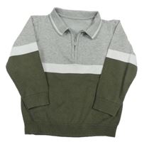 Šedo-khaki svetr s pruhem a límečkem 