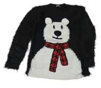Černý chlupatý svetr s medvídkem F&F