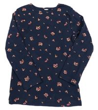 Tmavomodré žebrované triko s kytičkami Topolino