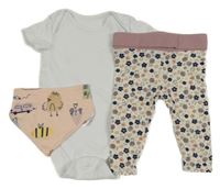 3set - Bílé body + smetenovo-růžové květinové tepláky + broskvový slinták