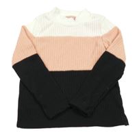 Světlerůžovo-černo-bílý pruhovaný žebrovaný svetr 