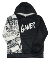 Černo-bílá mikina s nápisem a kapucí 