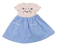 Modro-světlerůžové plátěno/bavlněné šaty s čumáčkem s flitry so cute