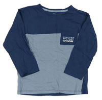 Petrolejovo-modrošedé triko s kapsou s nápisy little kids