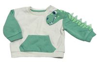 Bílo-zelená mikina s dinosaurem a kapsou zn. PRIMARK