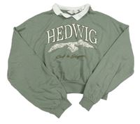 Khaki oversize crop mikina s Hedwigou - Harry Potter a bílým límečkem H&M