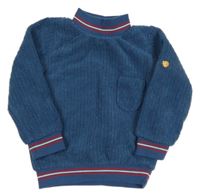 Modro/tmavomodrá žebrovaná plyšová mikina s kapsou a pruhy a pruhy a rolákem KOOKIE KIDS