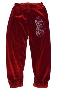 Tmavočervené lesklé sametové tepláky s logem - Barbie a motýlky