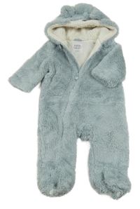 Světlemodrá chlupatá podšitá kombinéza s kapucí - medvídek F&F