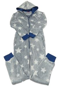 Tmavomodro-bílá plyšová kombinéza s hvězdičkami a kapucí 