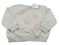Nové - šedá melírovaná oversize mikina s motýlky H&M
